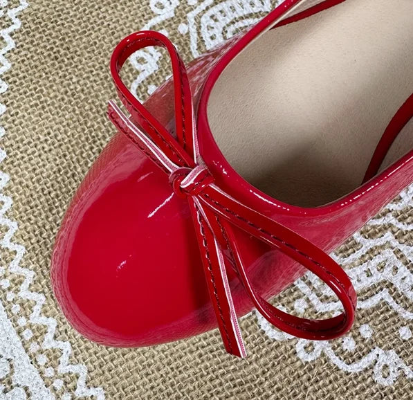 Round Toe Ballet Flats Spongy Bottom Hot Italian Shoes Patent Leather Classic Bow-Knot Dressing Slip-On 34 48 47