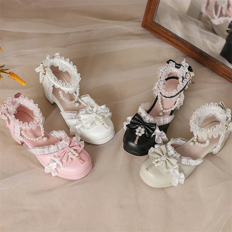 Kawaii Ankle Strap Lolita Pumps Round Toe Platform Thick Mid Heel Buckle Bow Bead Cosplay Lady Shoes Autumn