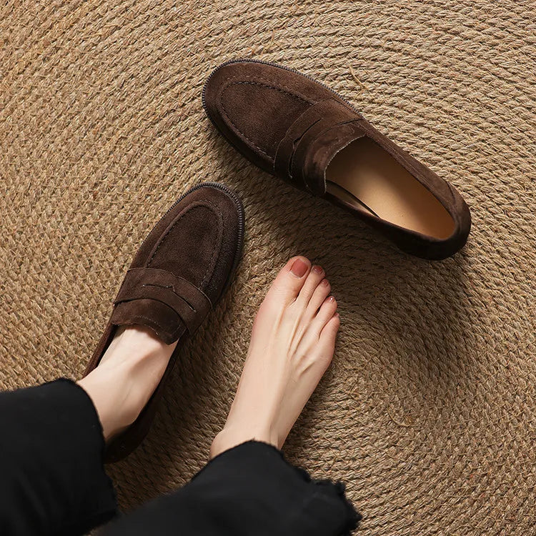 Kid Suede Penny Loafers Handmade Leisure Slip-on Creeper Flats Brown Size 34-43