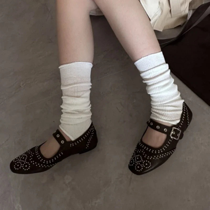 Retro Rivet Mary Jane Shoes Belt Buckle Round Toe Ballet Flats Comfortable Soft Sole Flat Shoes Zapatos De Mujer