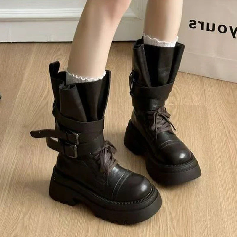 Mid Calf Boots Flats Platform Shoes Lace Up Woman Buckle Chelsea Boots Sport Walking Shoes