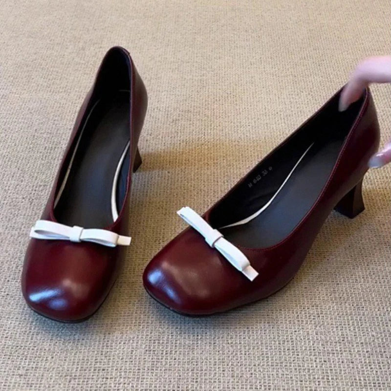 Retro Bowknot High Heeled Mary Jane Shallow Comfort Round Toe Elegant Office Shoes Talons Femme