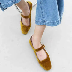 Velvet Mary Janes Belt Strap Shoes Square Toe Flats Ballerina Dress Barefoot Loafers Brides Ballets Femmes