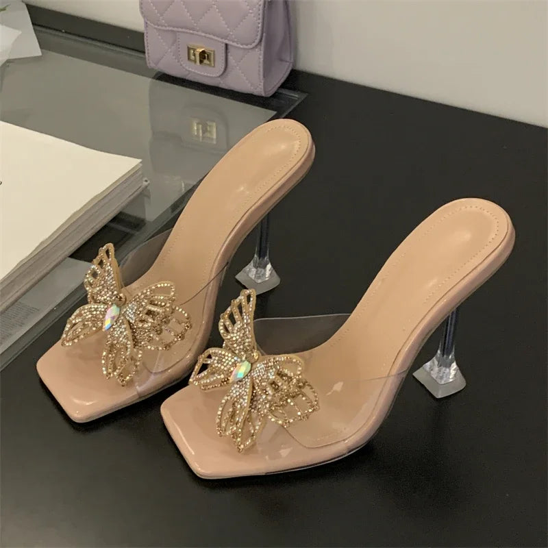 PVC Transparent Butterfly-knot Square Toe Woman Slippers Crystal Heels Slide Shoes