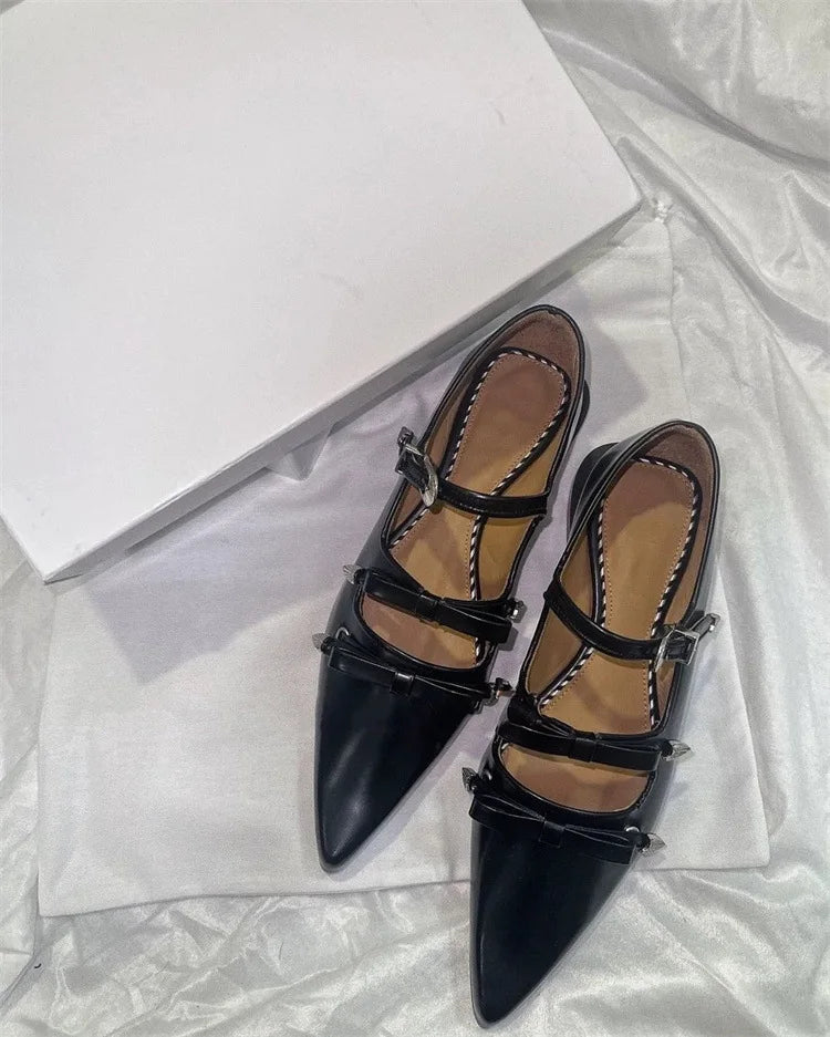 Japanese metal buckle bow Mary Jane shoes sweet and cool pointed leather shallow flat shoes