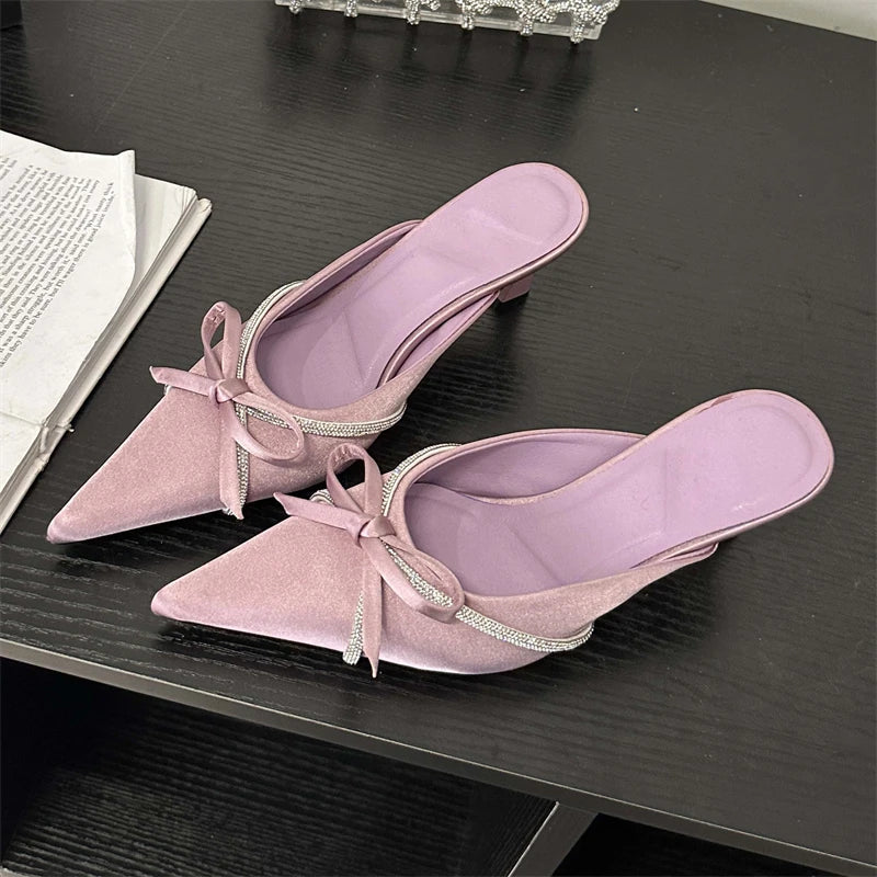 Crystal Butterfly-knot Woman Pumps Design Style Low Heels Pointed Toe Shallow Shoes Slides Mules Slippers
