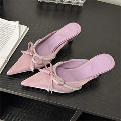 Crystal Butterfly-knot Woman Pumps Design Style Low Heels Pointed Toe Shallow Shoes Slides Mules Slippers