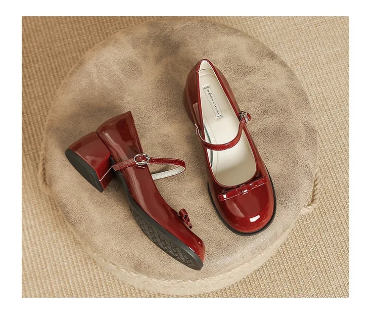 Round toe bowtie mary janes pumps thick high heels lolita shoes ankle strap japanned leather talons femmes