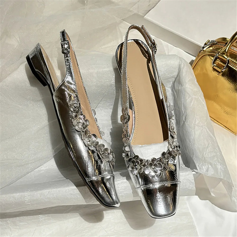 Genuine Leather Pumps FLowers Decoration Party Wedding Shoes Woman Slingbacks Pumps