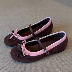 Sweet Bowknot Decoration Ballet Flats Round Toe Suede Patchwork Mary Jane Shoes Comfortable Soft Sole