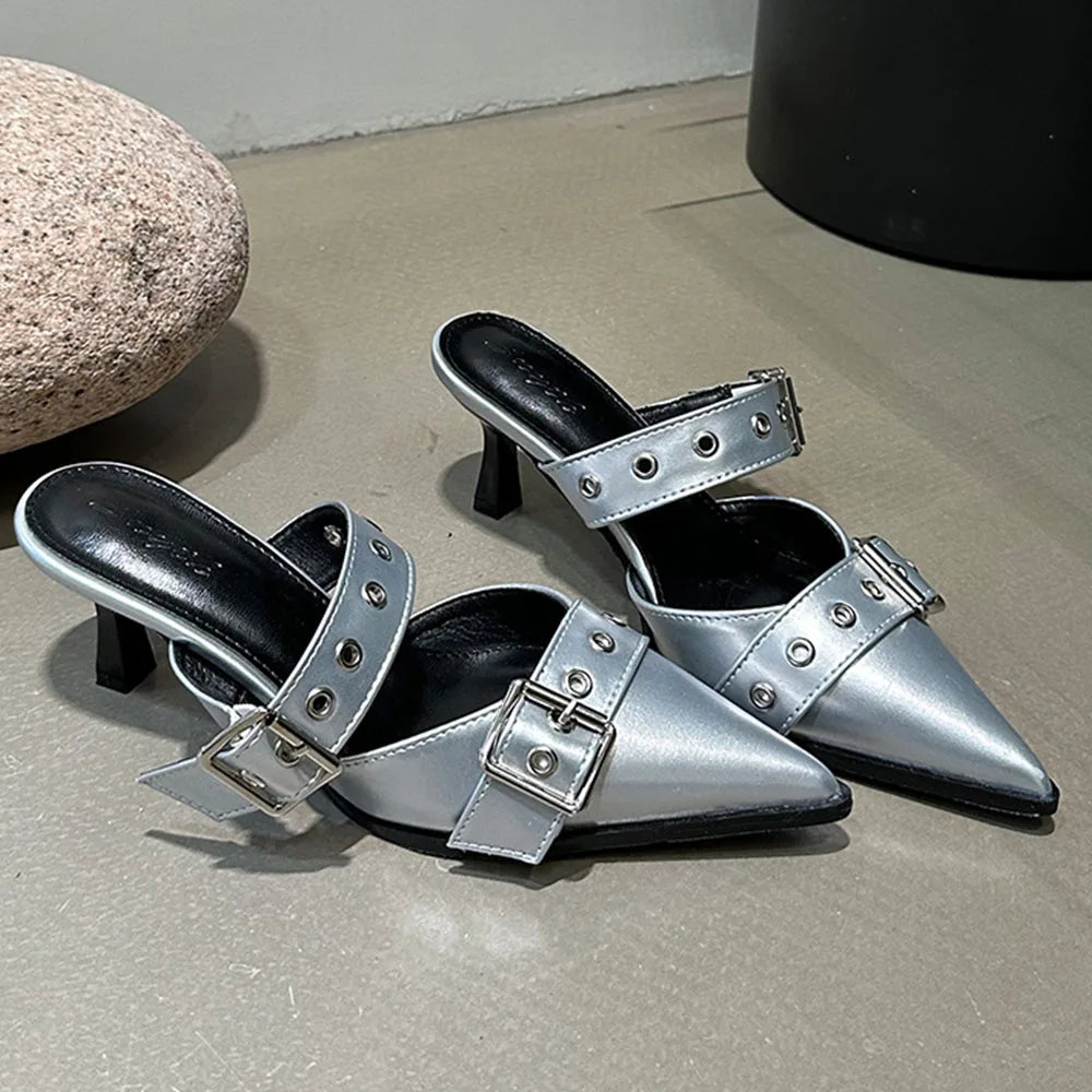 Pumps Belt Buckle Pointed Toe Black High Heel Mule Slides Half Slipper