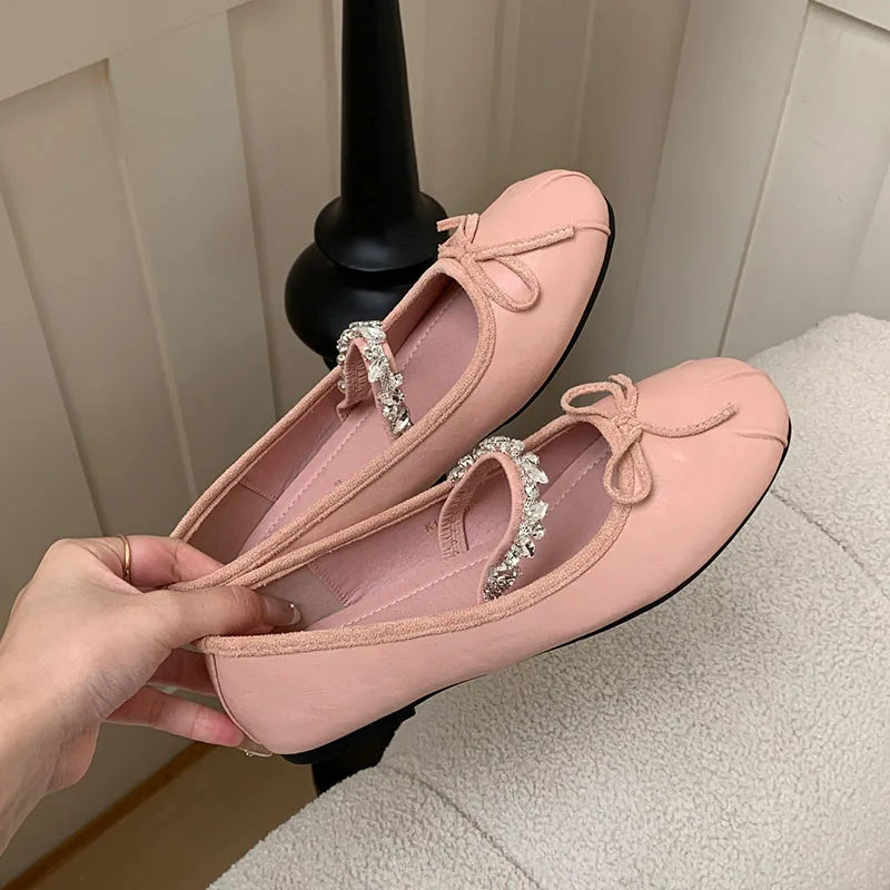 Pink Rhinestones Mary Janes Flats Lolita Shoes Soft Round Toe Footwear Shallow Ballet Flats Shoes