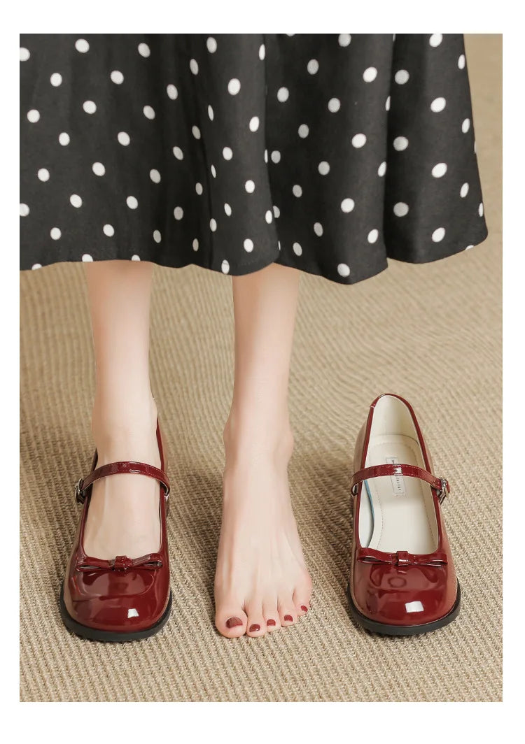 Round toe bowtie mary janes pumps thick high heels lolita shoes ankle strap japanned leather talons femmes