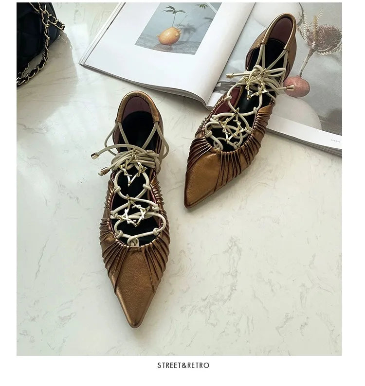 Cross Straps Sandals Pointed Toe Gold Star Detail Mixed Color Low Block Heels Ankle Lace Up Rubber