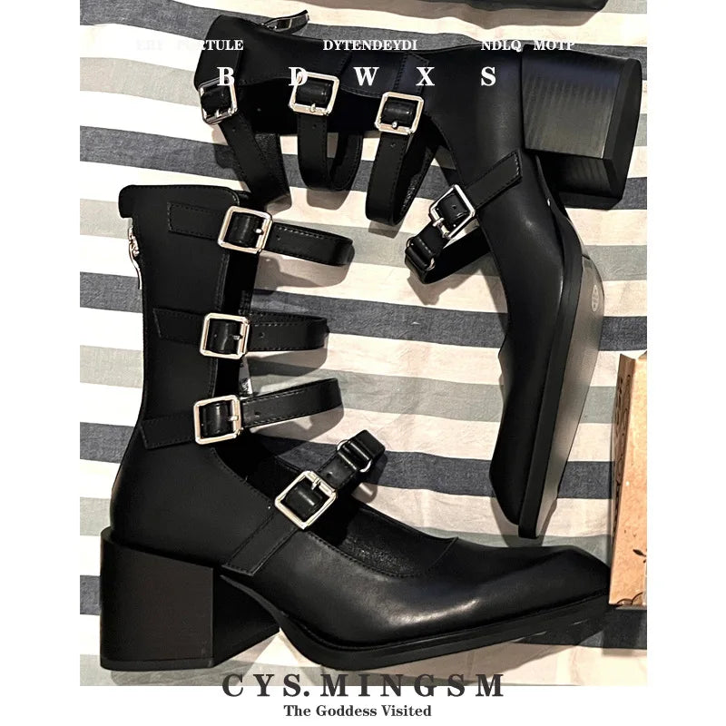 Leather Version Spicy Girl French Mary Jane Shoes Pointed Toe Thick Heel Boots Short Boots Shoes