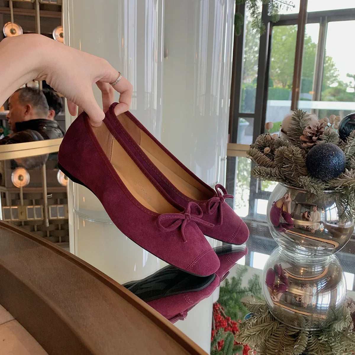 Suede Bow Ballet Style Flat Shoes Square Toe Shallow Mouth Loafers Shoes Outdoor Comfortable Shoes