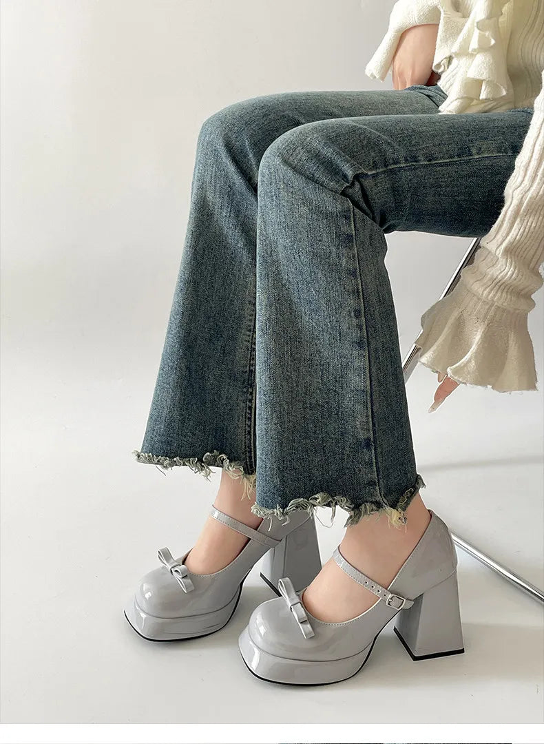 Platform Thick Heel Mary Jane Shoes Square Toe Shoes Elegant Height Increase
