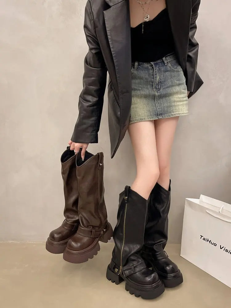 Knee High Boots Western Round Toe Long Boots Western Shoes Chunky Heel Platform