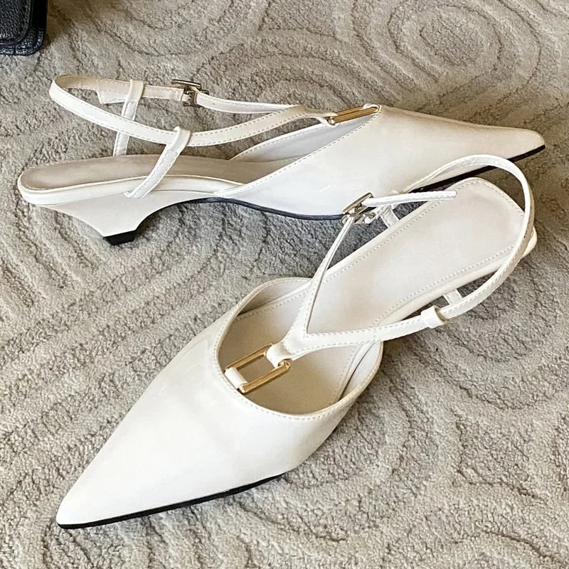Square Buckle Strap Sandals Elegant Thin Low Heels Pointed Toe Slingback Shoes