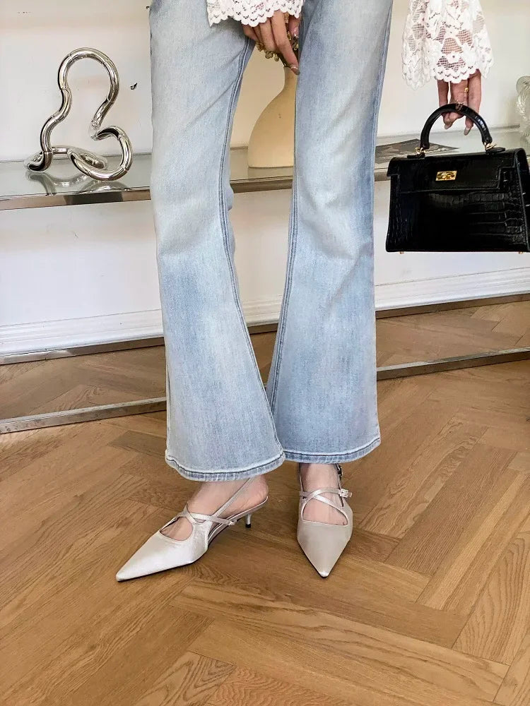 Elegant Narrow Band Buckle Strap Woman Pumps Pointed Toe Thin Low Heels Party Dress