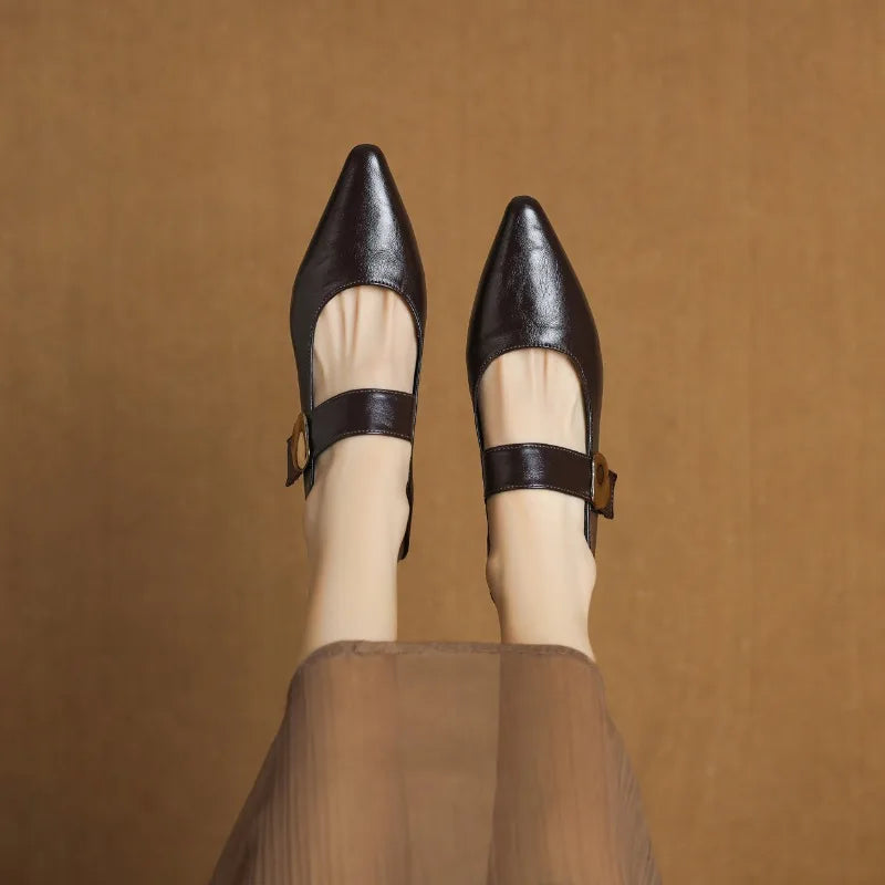 French thick-heeled magic sticker shallow shoes pointed and versatile non-slip small leather shoes