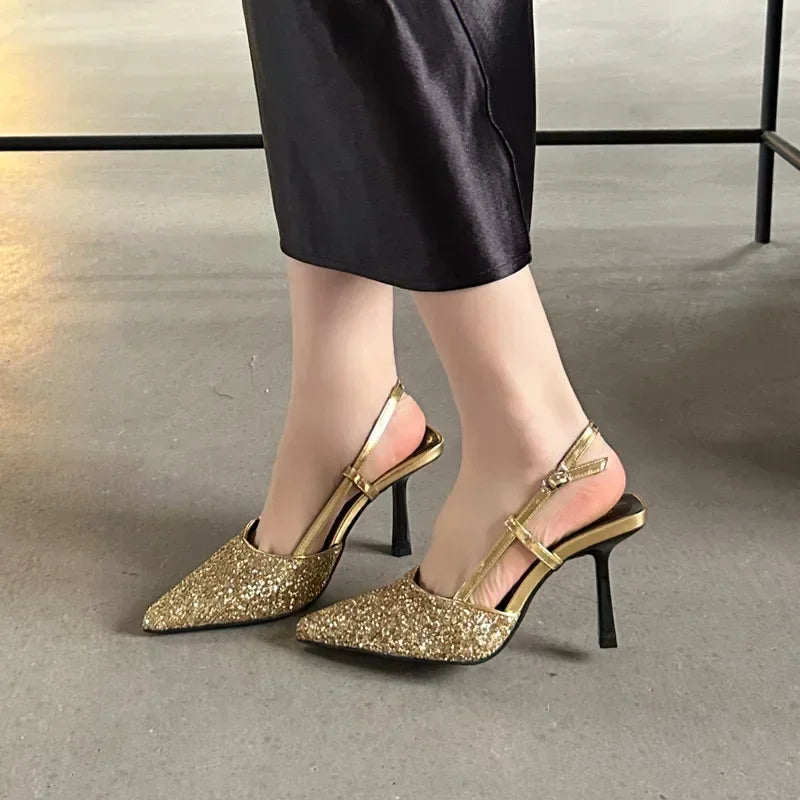 Bling Design Mules Sandals Pointed Toe Thin High Heels Back Strap Banquet Pums