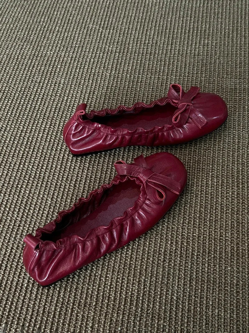 Red Bow Pleated Design Brand Ballet Flat Shoes Retro Round Toe Shallow Mary Jane Shoes Comfortable Moccasin