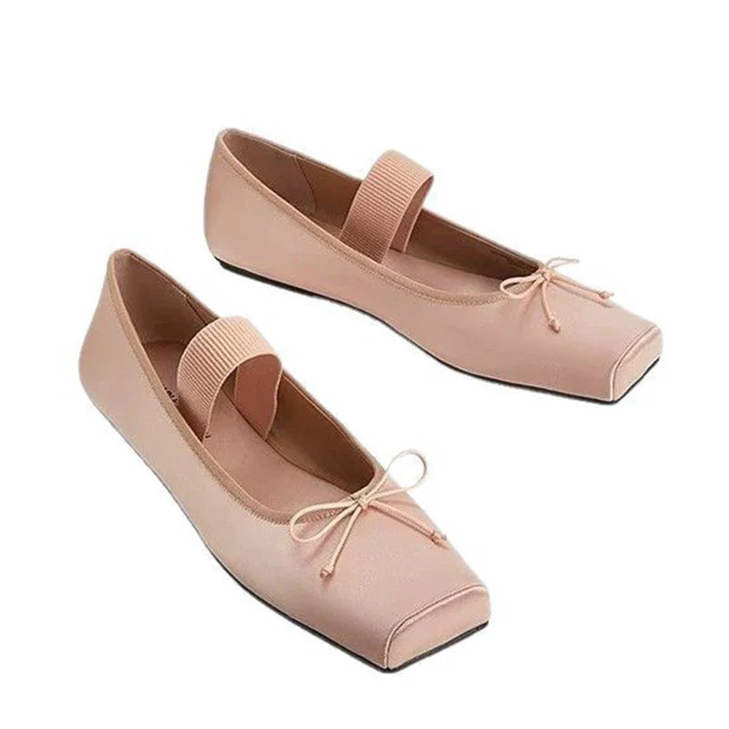 sweet pink silk flat shoes woman square toe bowtie ballet flats silver leather mary janes shoes elastic band moccasions