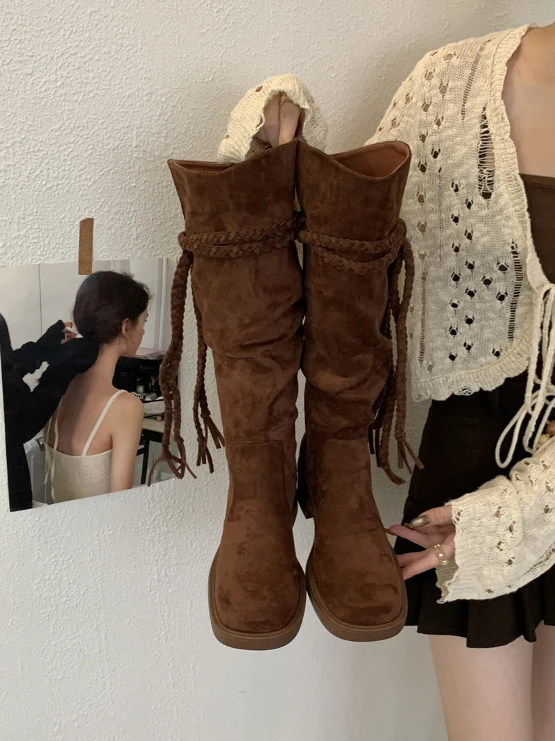 Brown Suede Boots Woman Round Toe Fall Gothic Shoes Chunky Heels Knee High Boots Western Style Shoes