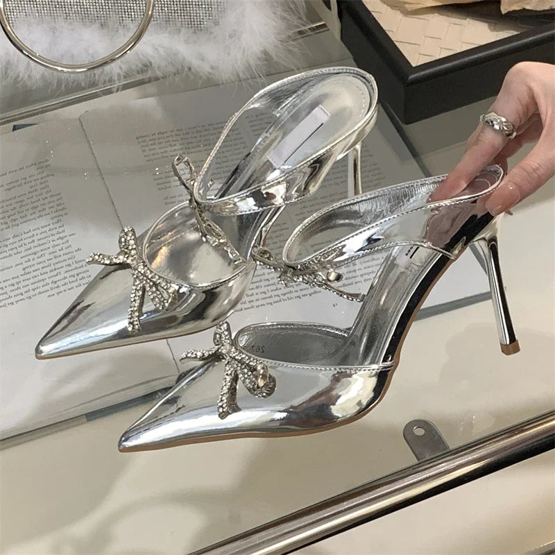 Crystal Butterfly-knot Pointed Toe Buckle Strap High Heels Party Prom Sandals Mule Shoes