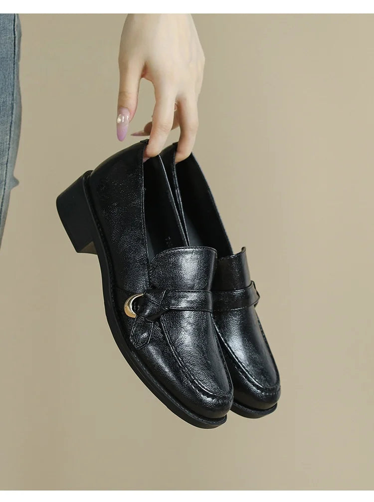 Cow Leather Metal Buckle Slip On Flat Shoes High Quality Comfortable Loafers Casual Versatile Daily Famale Shoes