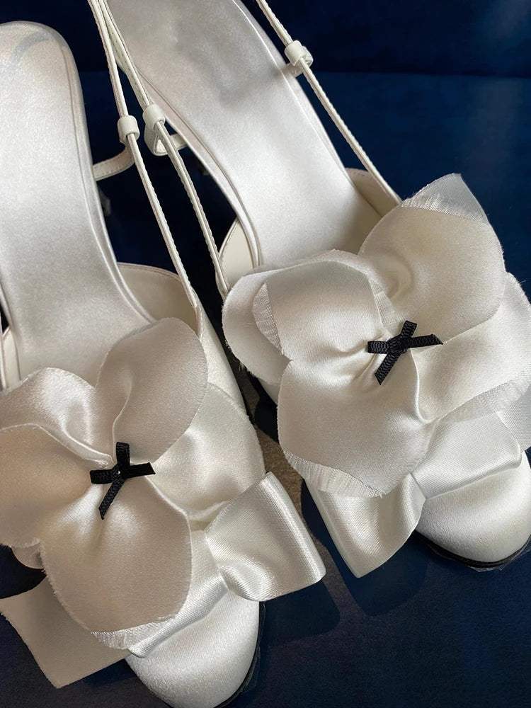 White Flower Sandals Round Toe Black Bow Detail Hollow Slingback Buckle Stiletto Heels Party Dress