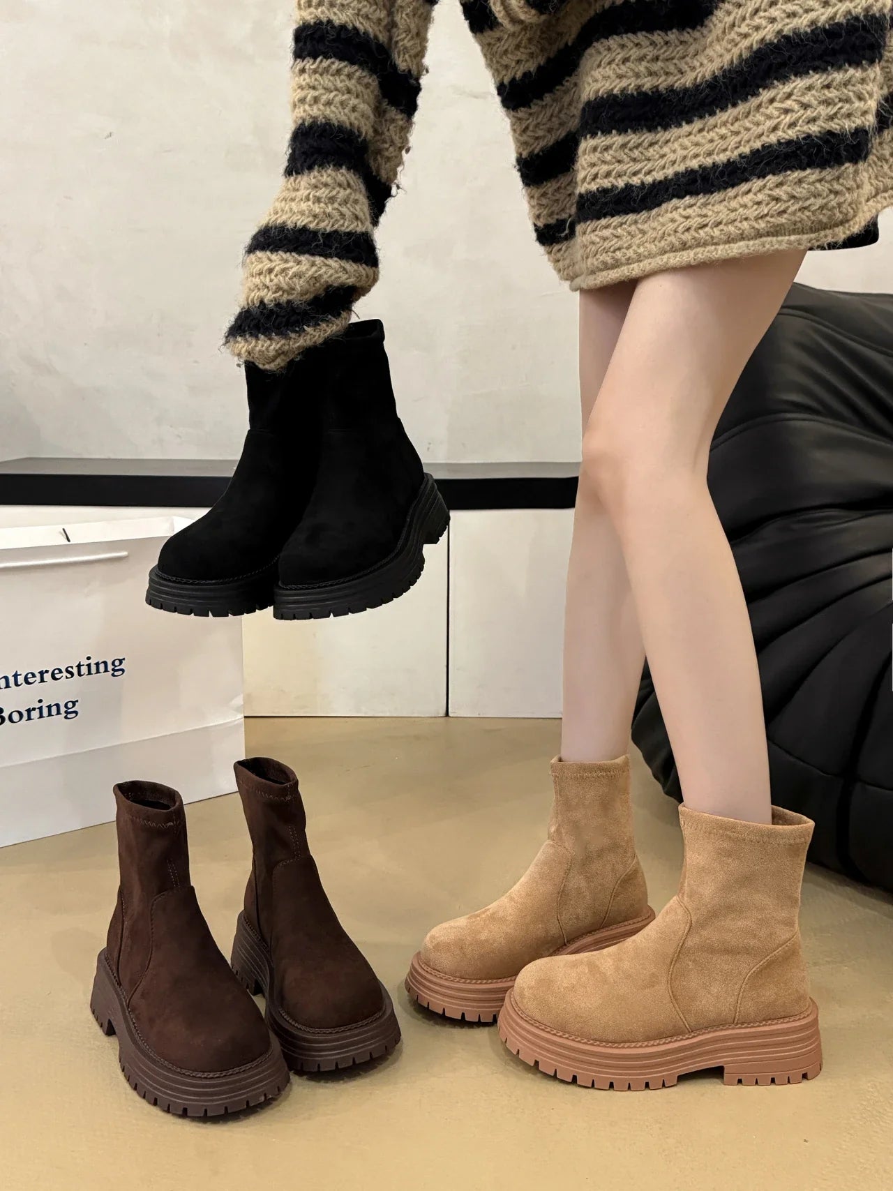 Chelsea Ankle Boots Suede Snow Short Botas Platform Mid Heels Shoes Brand Casual Sport Boots