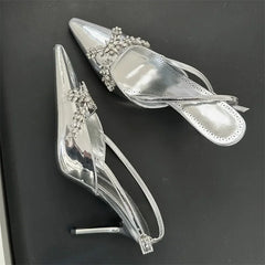 Design CRYSTAL Rhinestone Buckle Strap Banquet Thin High Heels Prom Sandals Mule Shoes Zapatos De Mujer