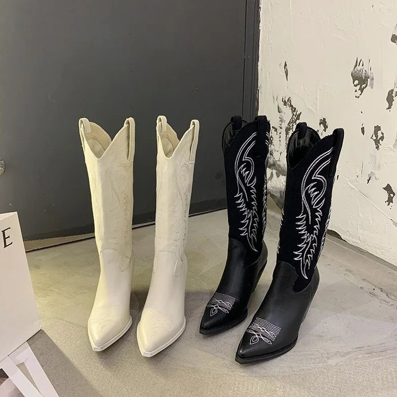 Western Cowboy Boots Pointed Toe High Heel Shoes Embroidery Chelsea Boots Zapatos Mujer