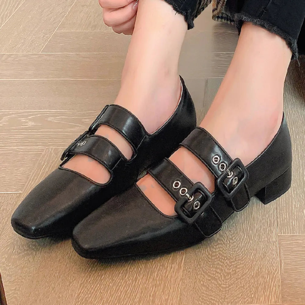 genuine leather double metal buckle slip-on mary jane flats sqaure toe casual soft comfortable ballerinas shoes