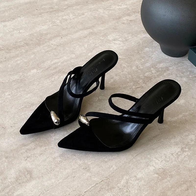Pointed Toe High Heels Pumps Slides Shoes Slip Metal Thin Heels Shoes Flip flops