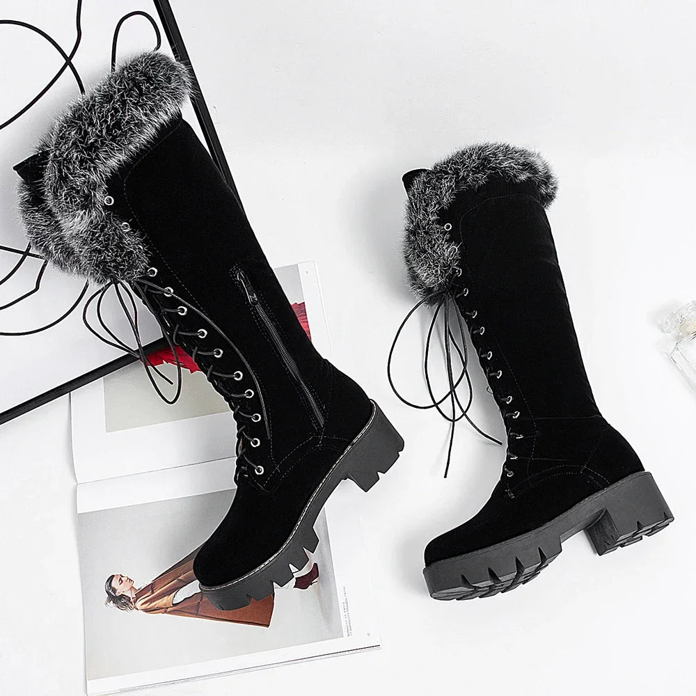 Lace-up Shoes Snow Boots Real Fur Boots Knee High Suede Thick Heel Warm Outdoor with Zip Big Size 43