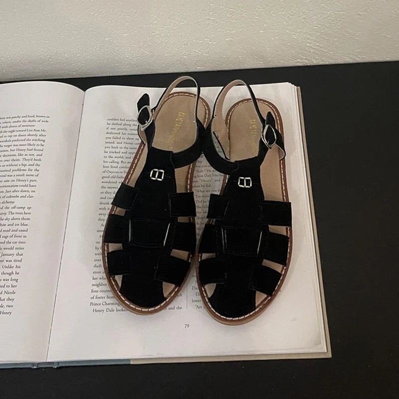 Roman Sandals Flat Retro Real Leather Sandals Hollowed Cage Shoes