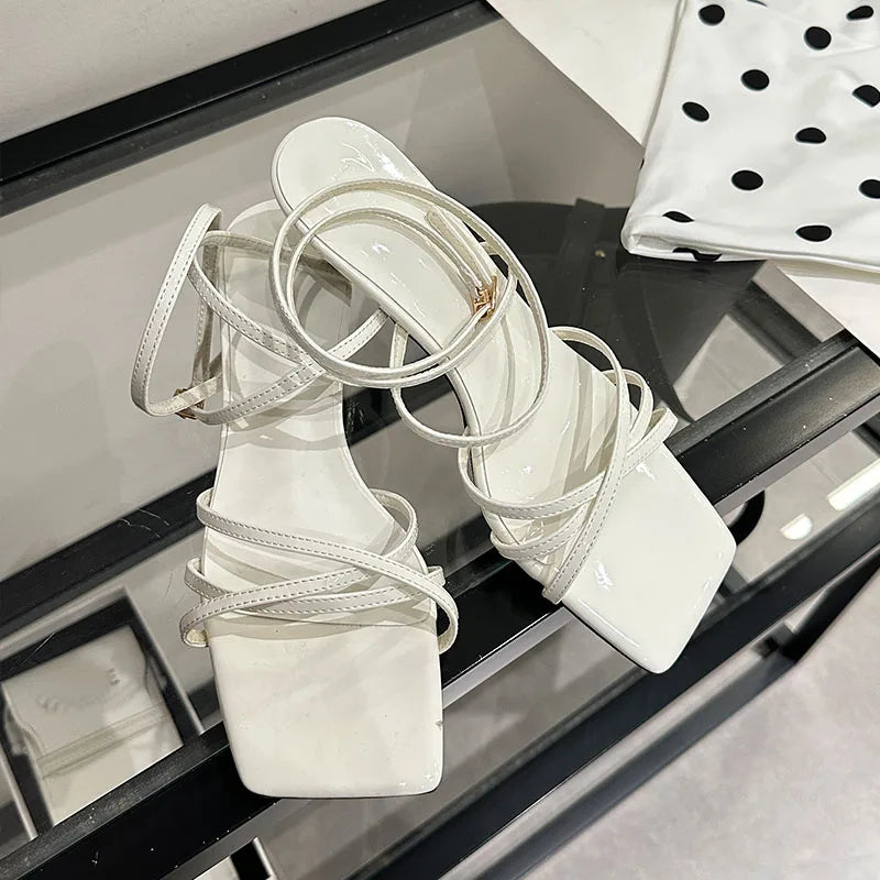 Cross-tied Low Heel Sandals Shoes Shallow Square Toe Footwear Heeled Shoes Sandals Pumps