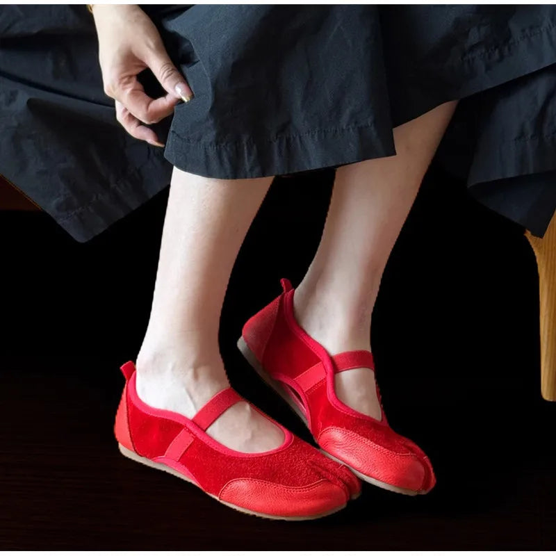 Split toe Faux suede Patchwork Tabi Ballet Flats Mary Janes Walking Loafers Casual Girls Dance Shoes
