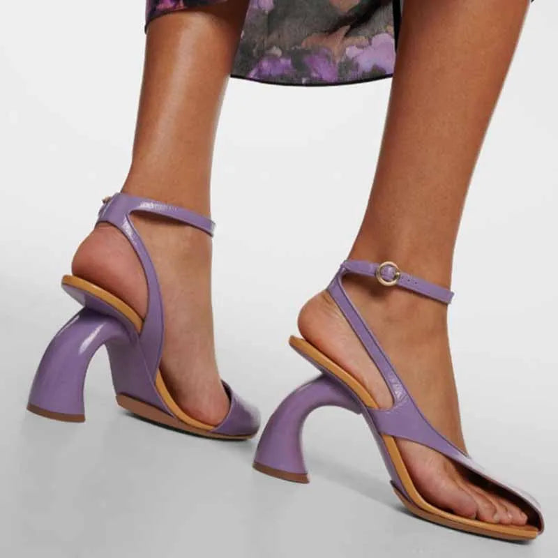 Leather Sandals Square Toe Ankle Strap Chunky Heel Elegant Party Evening