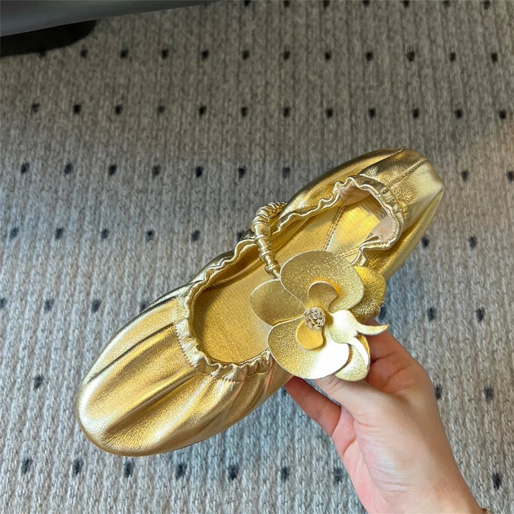 Round Toe Flower Sandals Flat Mary Janes Elastic Band Casual Ballet Shoes Slip On Wrinkles Elegant