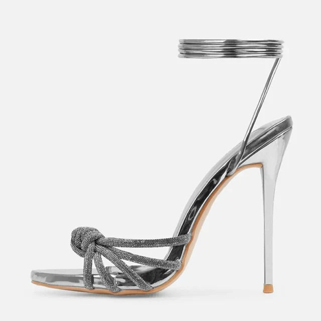 Black High Heels Sandals Peep Toe Crystal Narrow Band Stiletto Pumps Ankle Lace Up Party