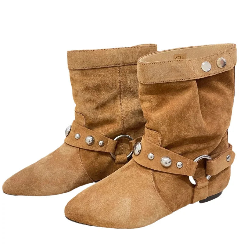 Brown Western Boots Metal Belt Rivet Buckle Casual Flat Shoes Ankle Booties Zapatos De Mujer