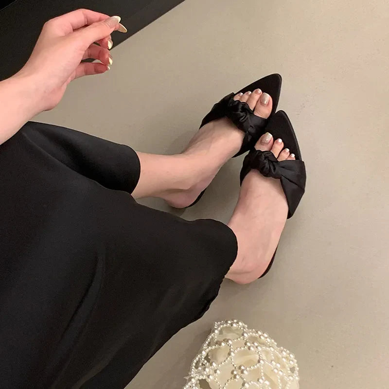 Butterfly-Knot Heeled Slippers Shoes Pointed Toe Low Heel Slippers Pumps