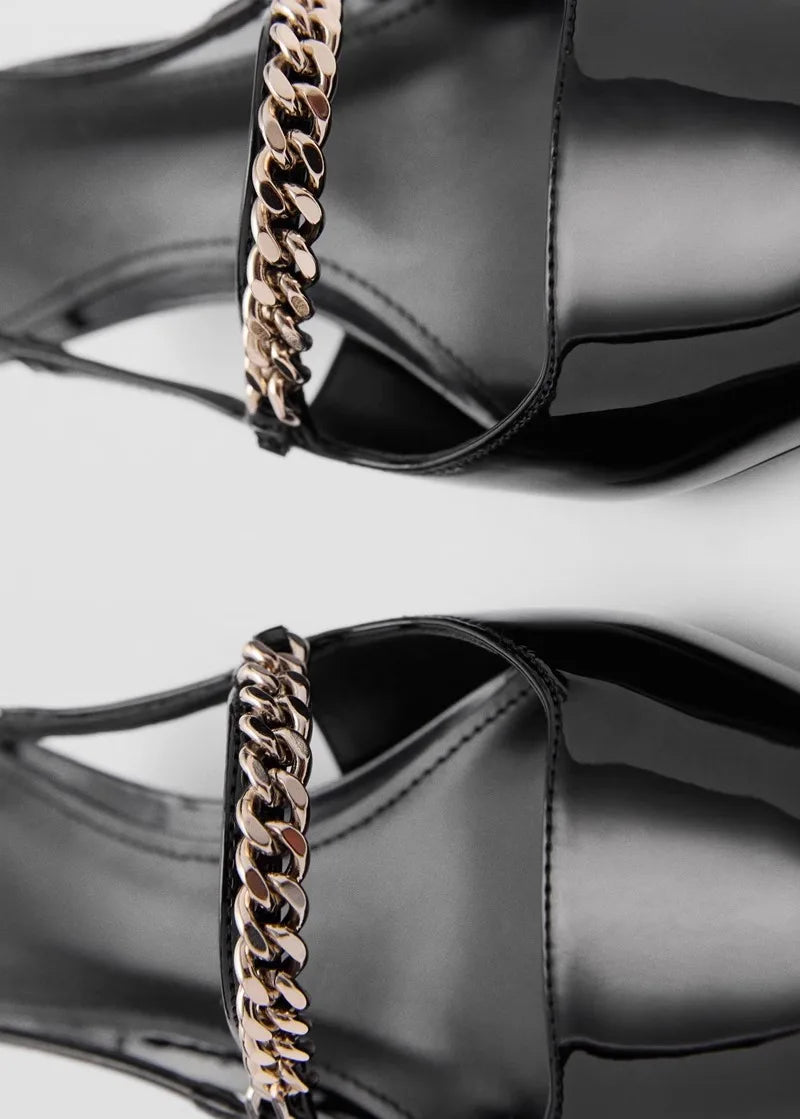 Elegant Black Patent Leather Heels Metal Chain Slingback Shoes Comfort Pointed Toe Kitten Heel Office Shoe