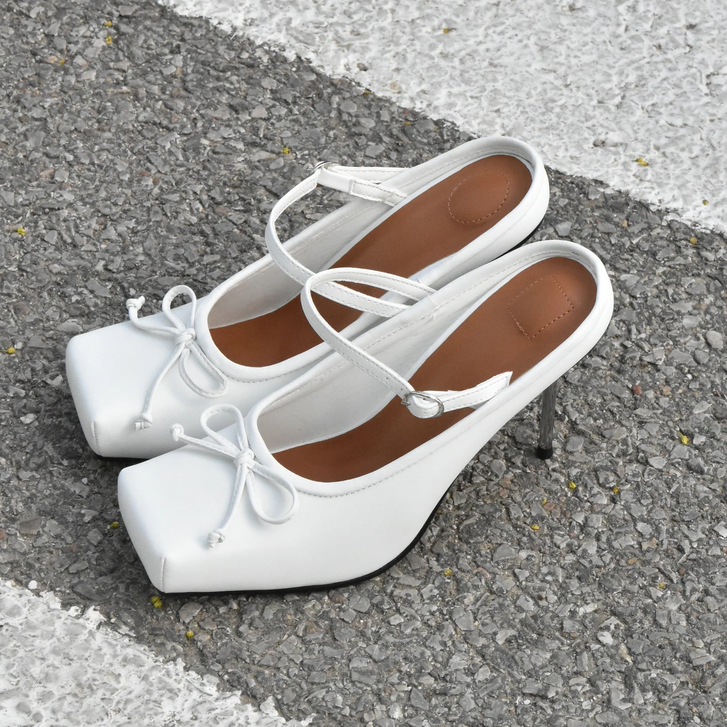 Ballerinas Shoes High Heels Mules Square Toe Slingback 39 Wedding White Brand Shoes Sandals