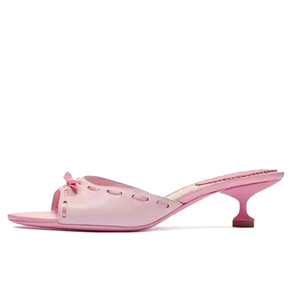 Peep Toe Bow Pink Mules Sweet Round Toe Low Heels Slip-On Flower Heart Printed Slippers Casual Rubber Shoes