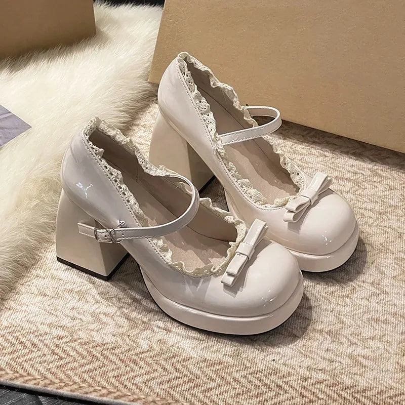 Platform High Heel Mary Jane Shoes Butterfly-knot Lace Shoes 2026 Wedding Party Shoes